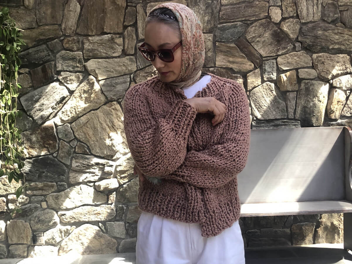 Oejong wearing a Top-Down Cardigan in chunky cotton.