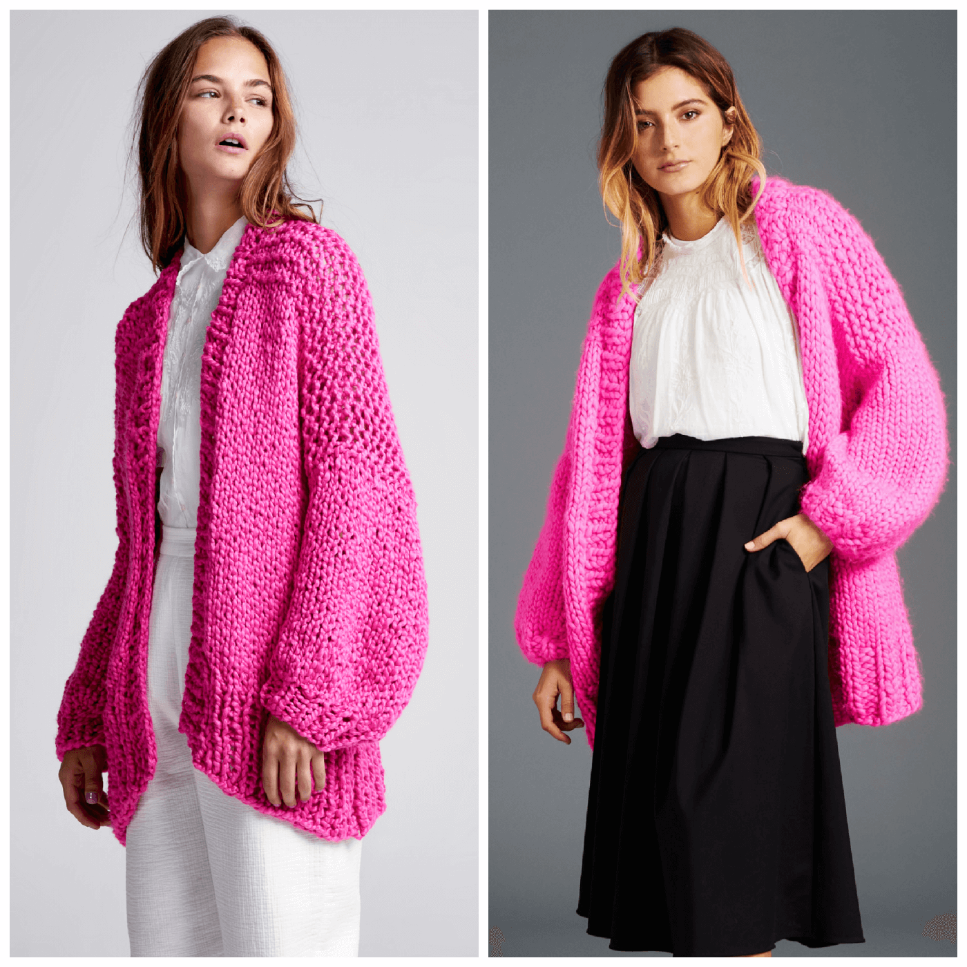 A collage with two photos: On the left, a model wears a bright pink knit cardigan in cotton yarn; on the left, a model wears a bright pink knitted cardigan in merino wool.