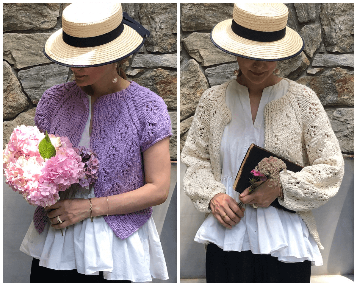 A collage of two photos. Oejong is wearing a lacey top-down cotton cardigan in both photos, but the one on the left is a short-sleeve cardigan, and the one on the right is a long-sleeve cardigan.