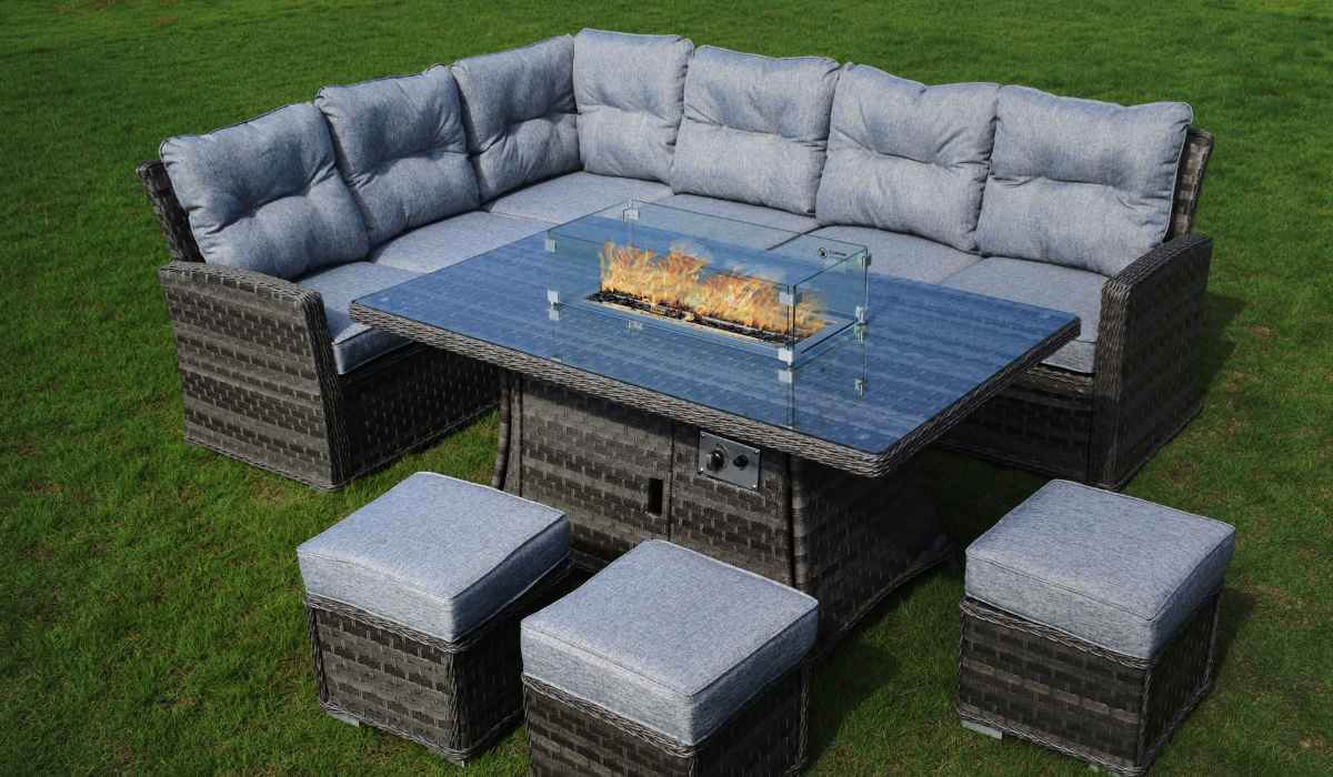 Corner Rattan Sofa Fire Pit Table Set
