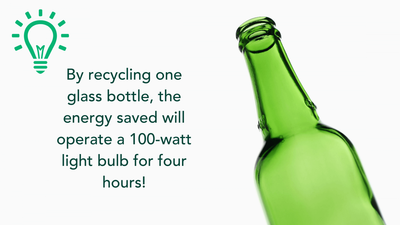 Just by recycling one glass bottle, the energy saved will operate a 100-watt light bulb for four hours