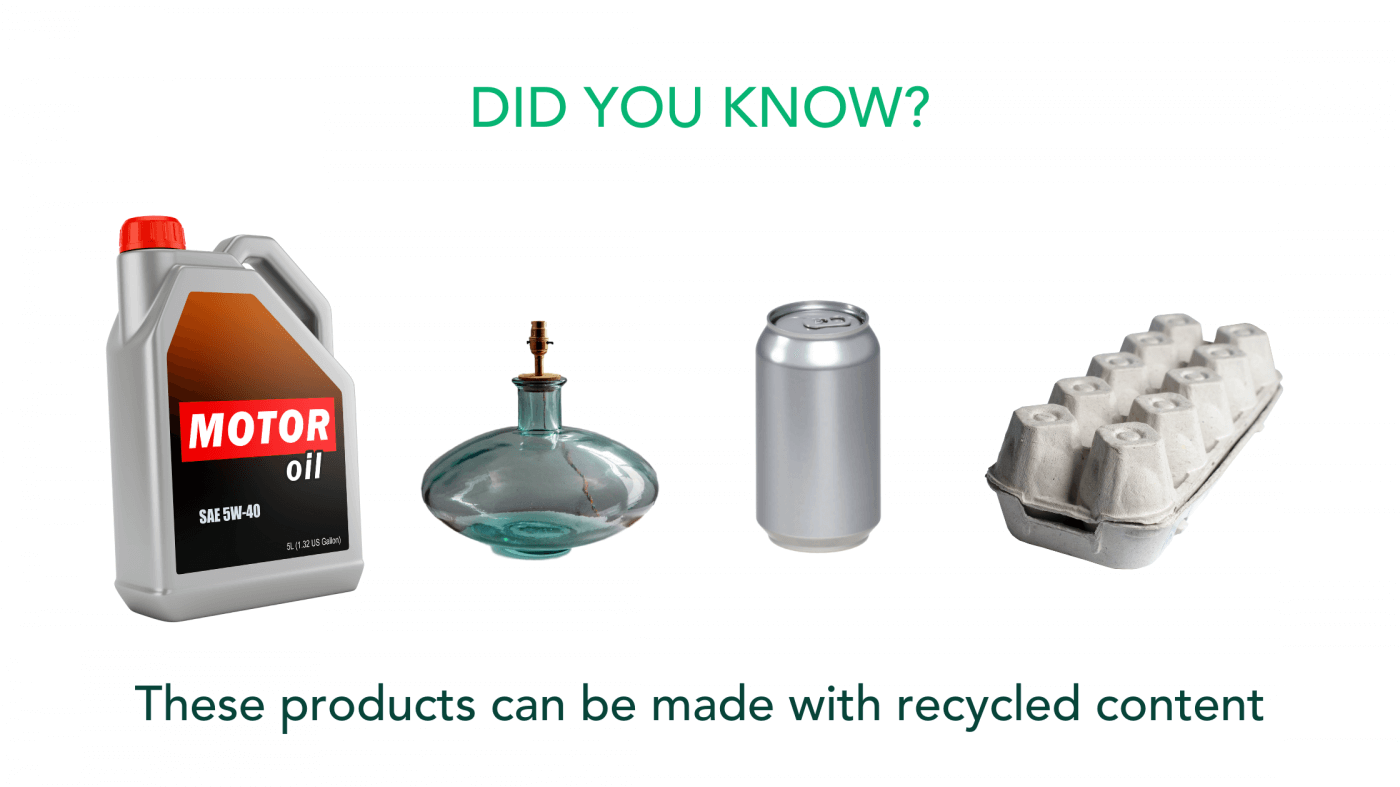 Motor oil, glassware, aluminium cans and egg cartons can be made with recycled content