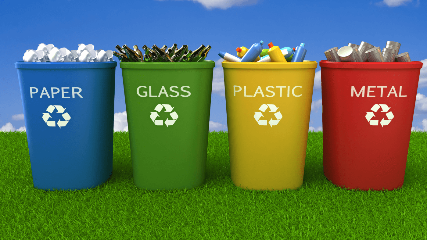 Recycling bin colors stand for different recyclable materials