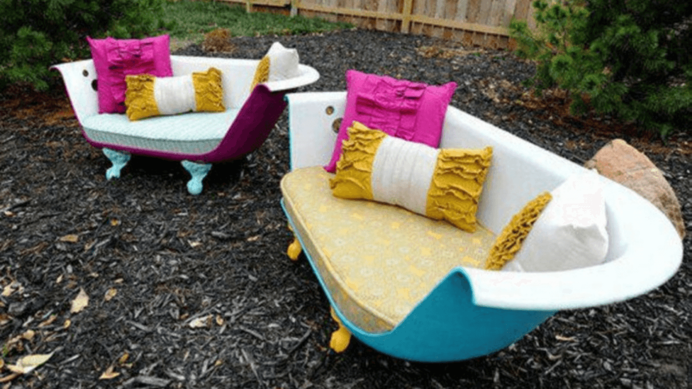 Recycling and Upcycling: an olf bathtub transformed into a sofa and an armchair