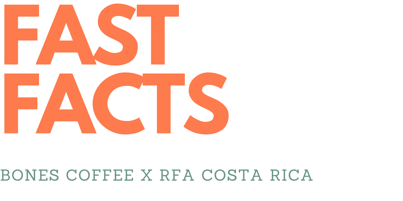 Text that says fast facts, Bones Coffee X RFA Costa Rica. Fast facts is in orange, and Bones Coffee X RFA Costa Rica is in grey.