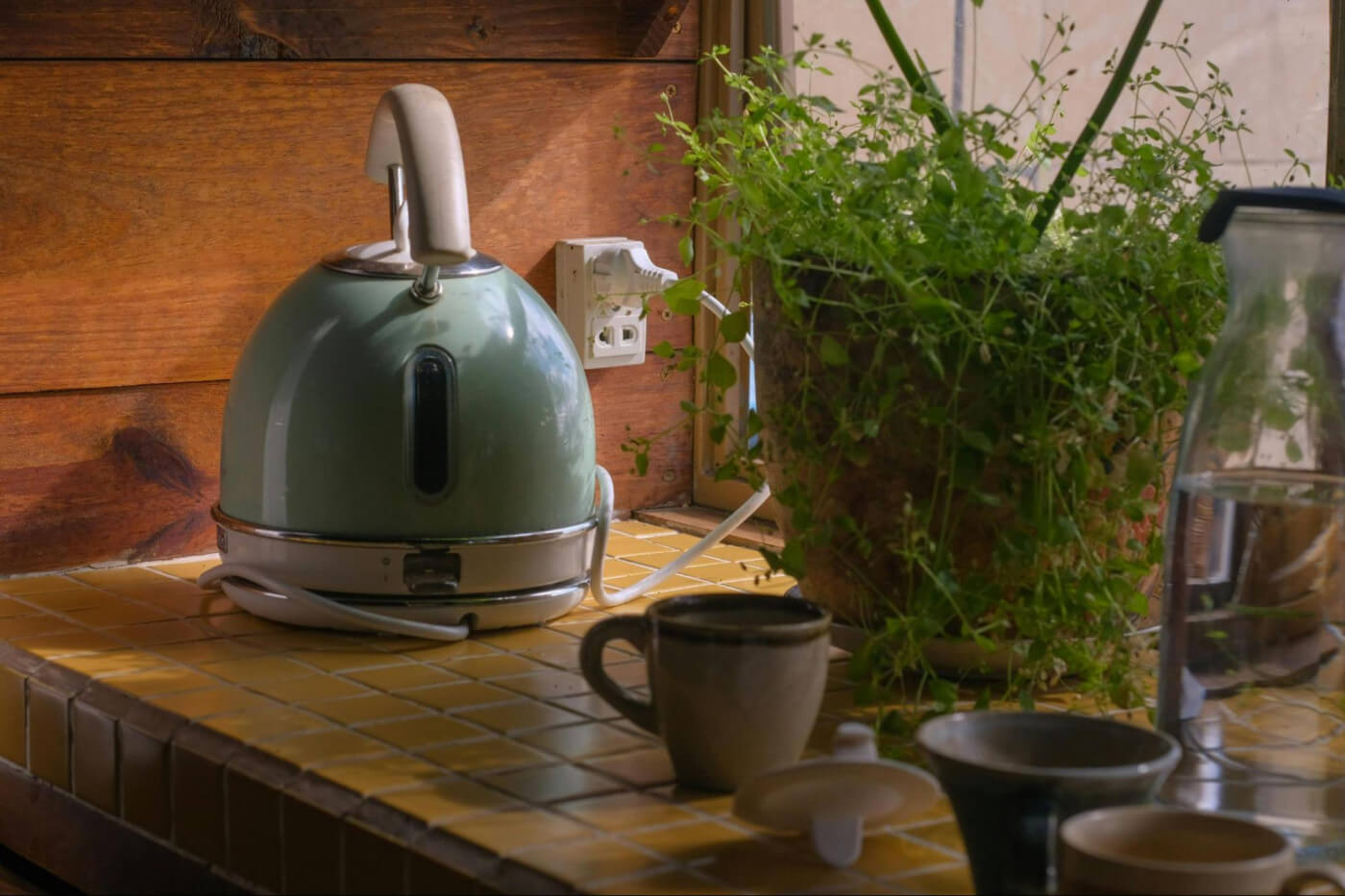 Green electric kettle beside a house plant and coffee cups