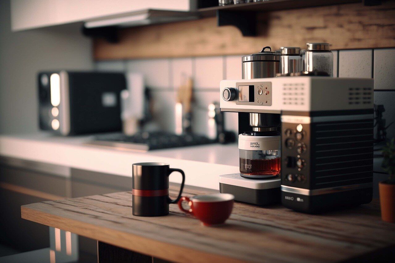 Modern espresso machine and cups on a kitchen island