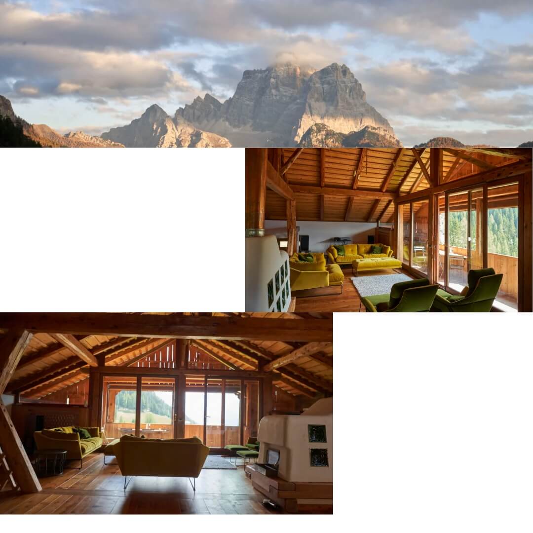lounge and views from our chalet in the Dolomites