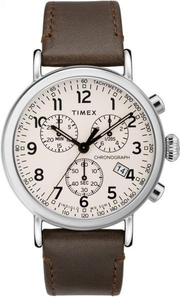 TIMEX STANDARD CHRONOGRAPH 41MM WATCH WHITE DIAL BROWN LEATHER STRAP