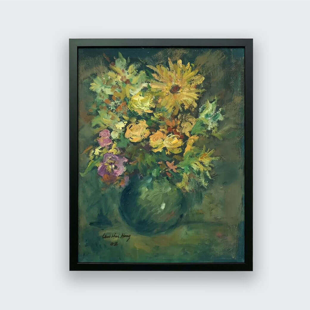 Oil painting titled Flowers in a Green Vase