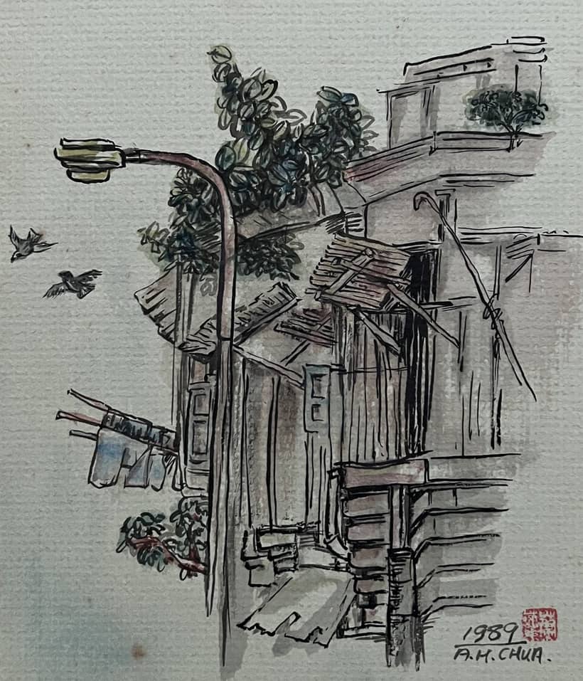Singapore artist Monica Chua's Chinese ink painting of Singapore in 1989.