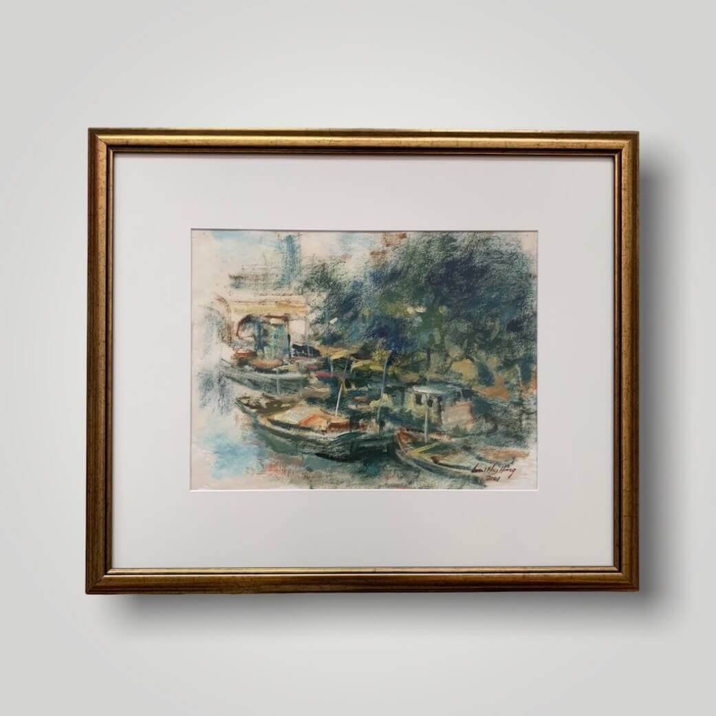 Oil painting titled Morning Mist which is a scene of boats in a river