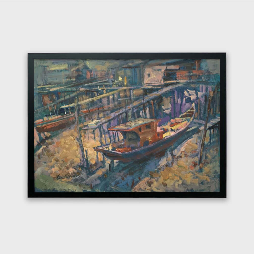 Oil on paper painting of Pulau Ketam fishing village in Malaysia