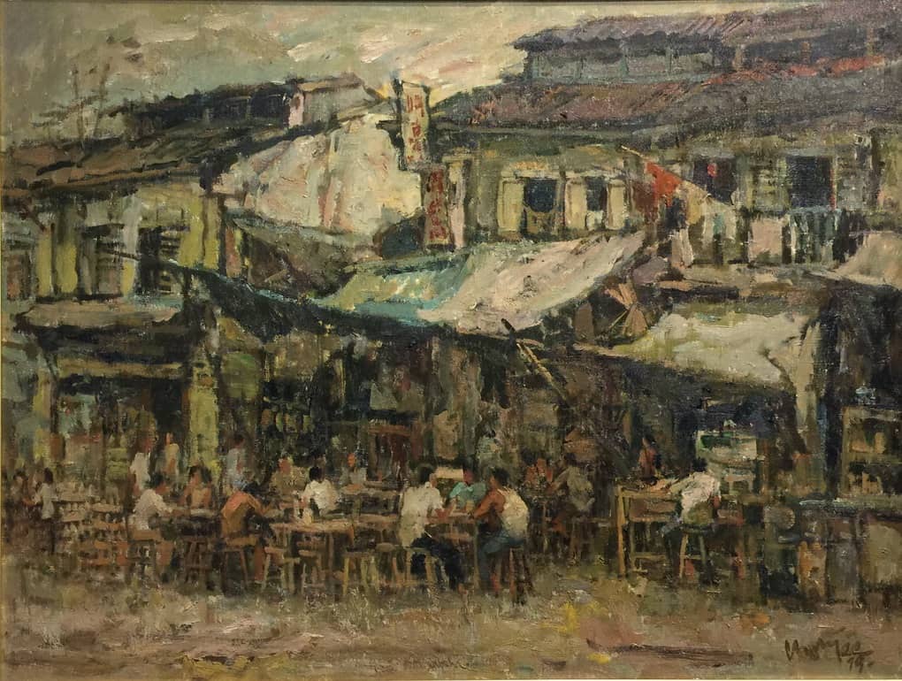 Tan Choh Tee's intricate oil painting of shophouses in early Singapore.