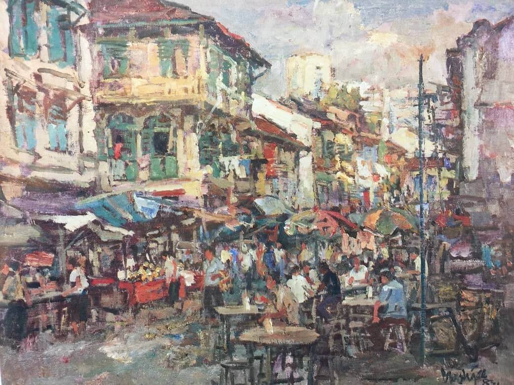 Tan's painting of a bustling street in Chinatown Singapore lined with food stalls and customers eating.