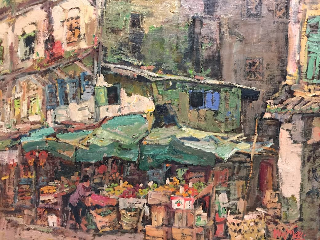 Tan's oil painting of a busy fruit stall in Chinatown Singapore.