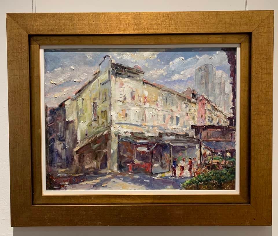 Oil painting of Chinatown by Nanyang artist Chan Yong Song.