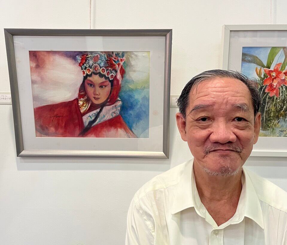 Singapore artist Poon Ee Way with his Peking Opera watercolour painting