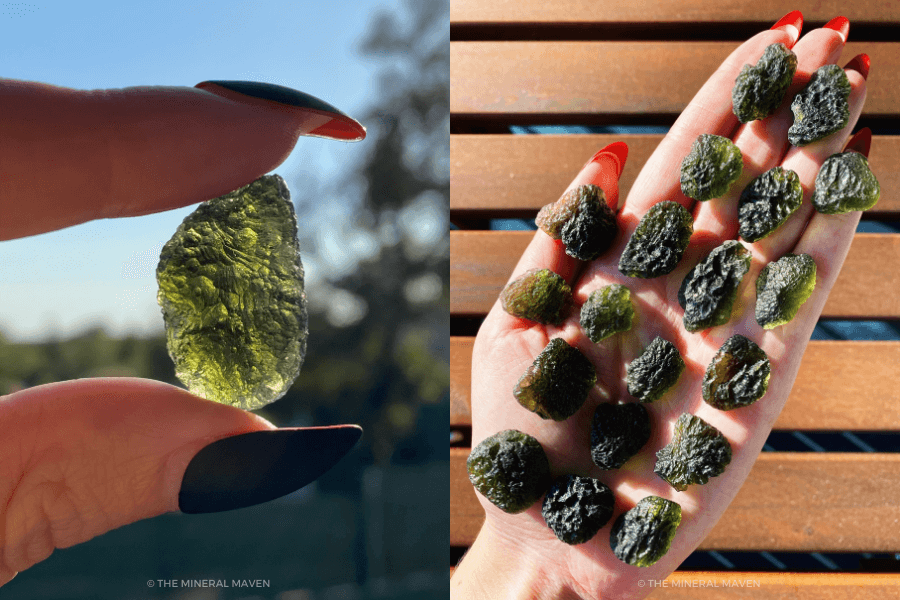 Identifying Crystal Fakes Pt 3 Moldavite: Moldavite specimens in hand in sunlight.