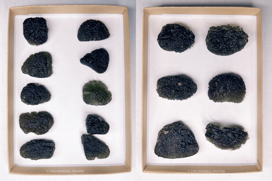 Identifying Crystal Fakes Pt 3 Moldavite: Moldavite specimens of different sizes in storage box.
