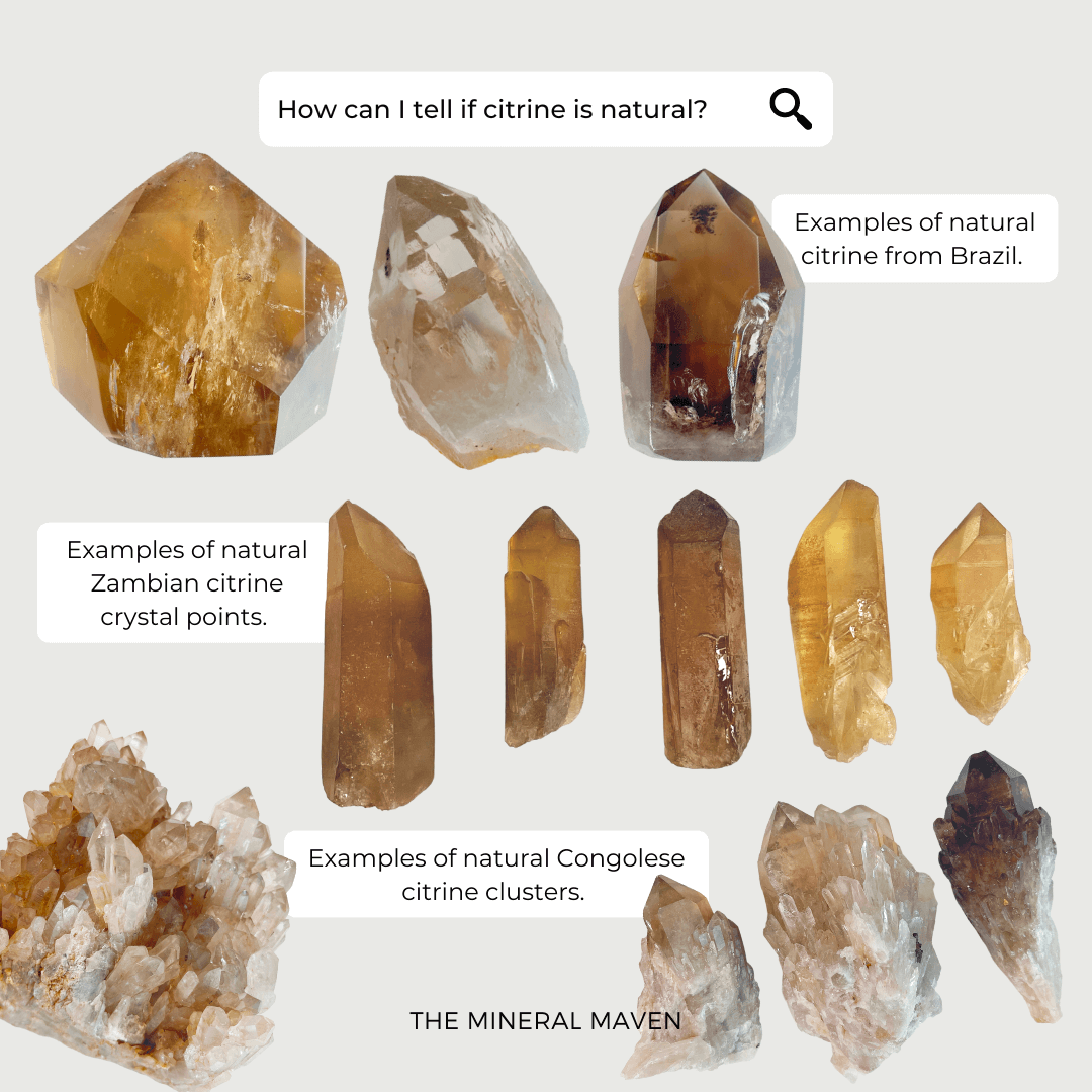 An infographic showing natural citrine from Brazil, Zambia, and DRC.