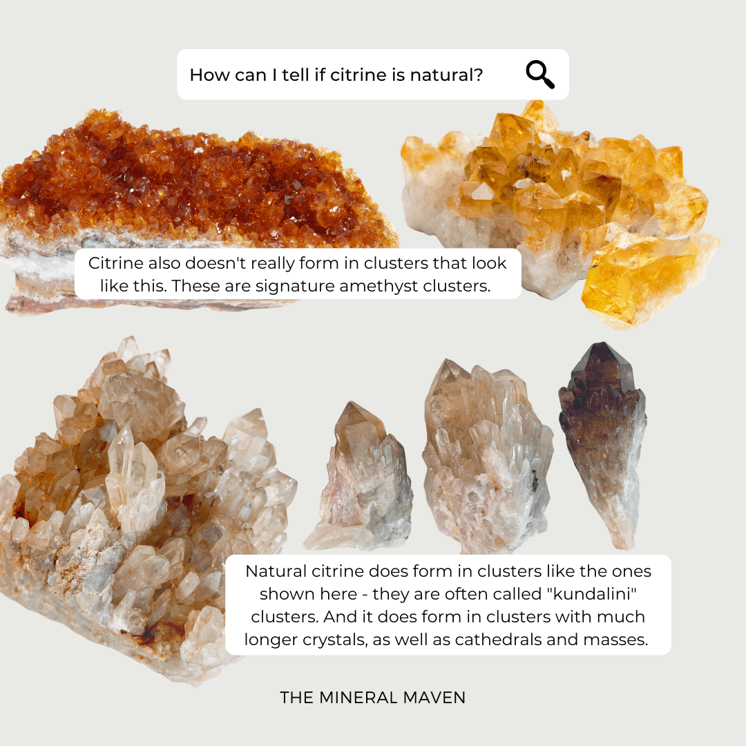 An infographic that shows photos of heated amethyst/fake citrine vs natural citrine and identifies the differences.