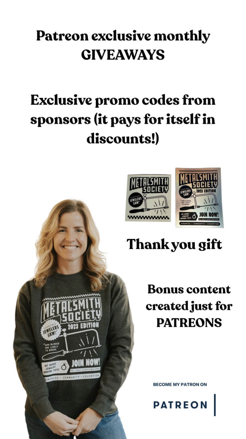 Image of Corkie Bolton with text discussing the benefits of the Metalsmith Society Patreon page.