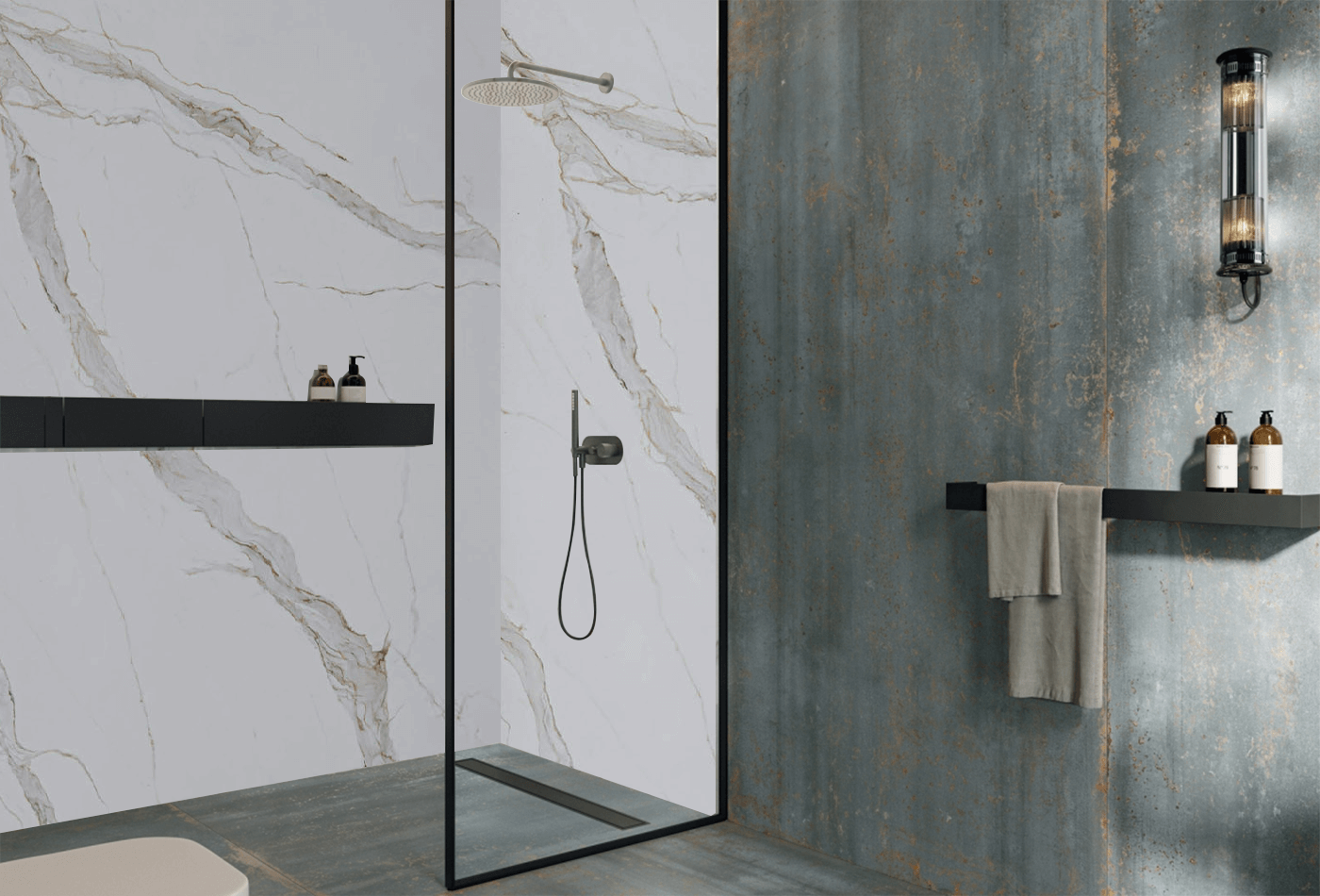 Create a relaxing shower room with ceramic bookmatch stone:  Choose the right Colours