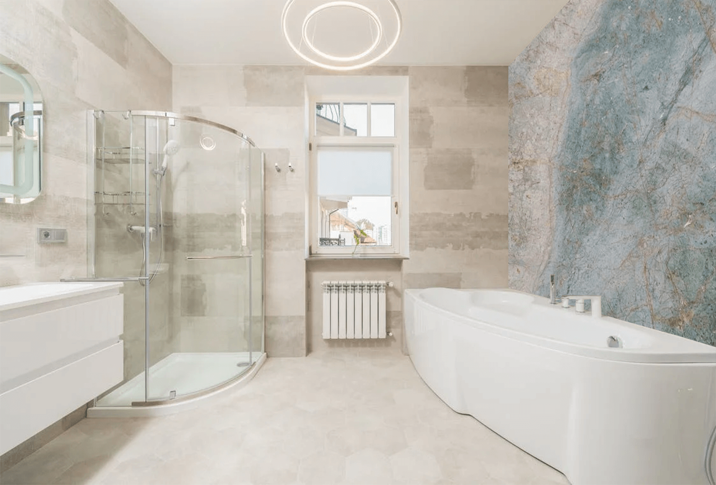 Firozeh Marble Wall in Bathroom with White Accents
