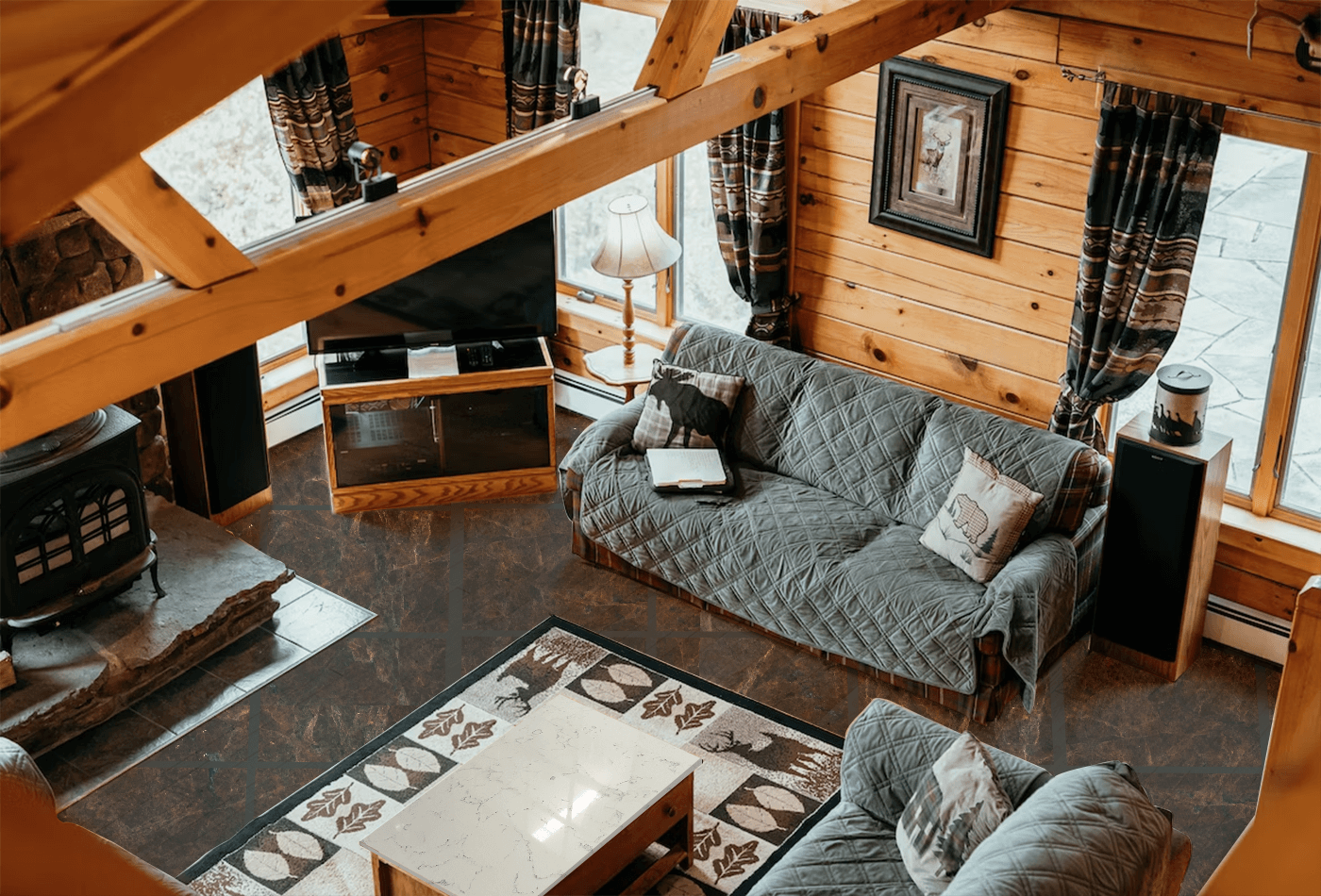 Modern Log Home Interior With Stone Furniture