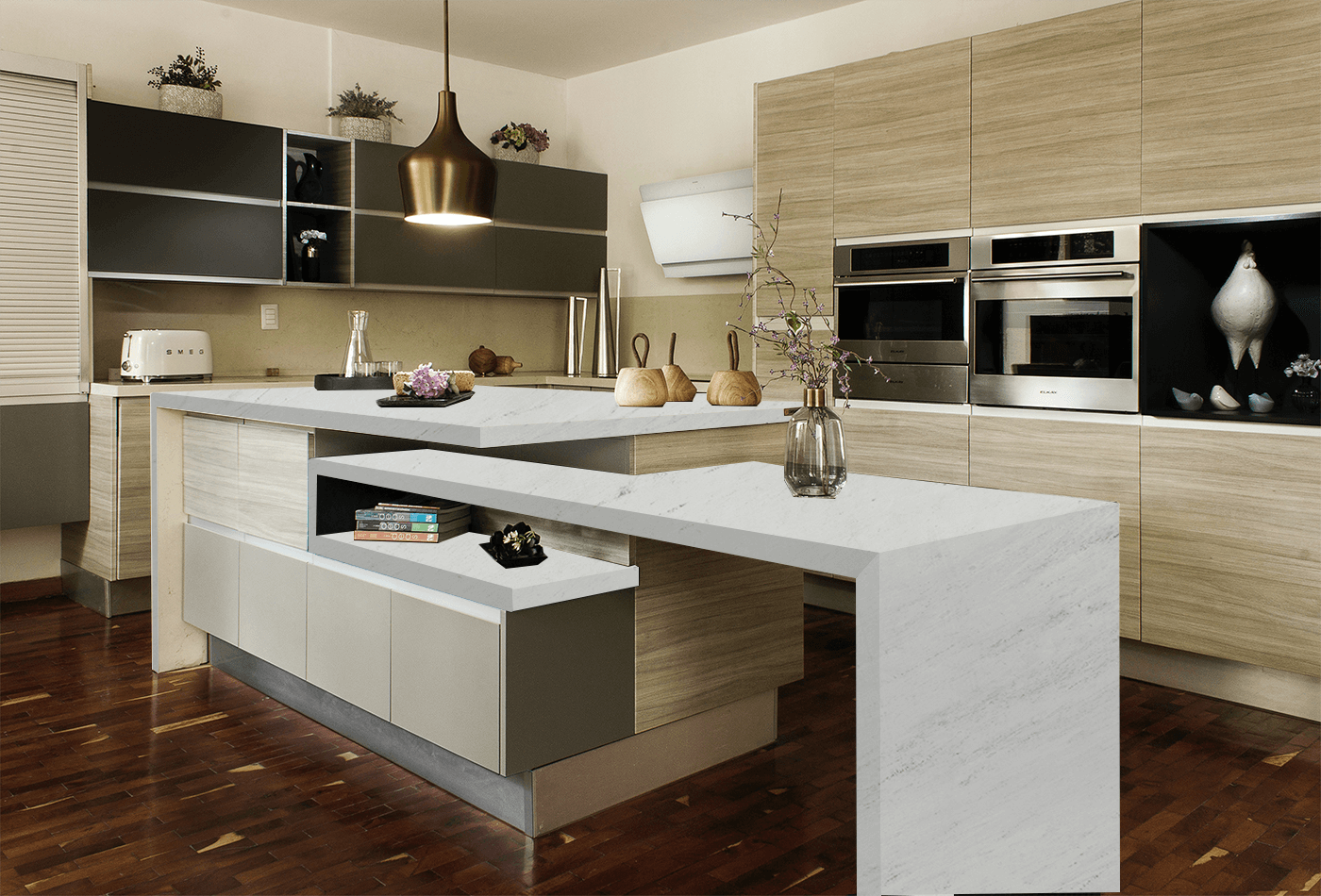 White marble kitchen counter top with a stove in a modern home
