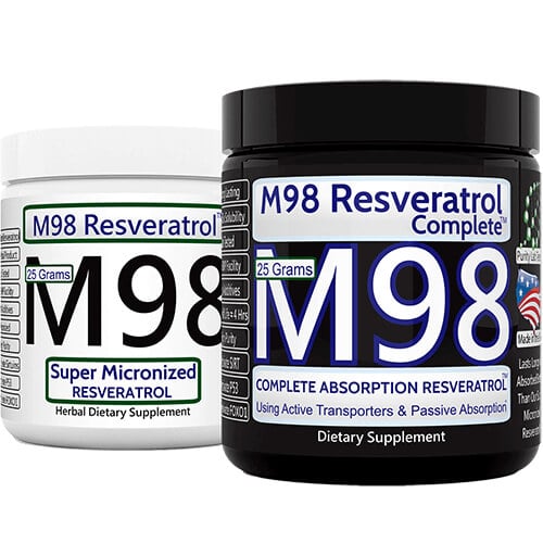 The M98 Resveratrol Complete (M98-RC) is estimated to be absorbed virtually completely (98.4% metabolized) compared to regular resveratrol 1,2. While dry M98 super micronized resveratrol increases absorption when used with different emulsifiers (between 3x to 10x depending on the emulsifier used), the M98 micronized resveratrol is still mainly passively absorbed by a single cellular transport system and is limited.