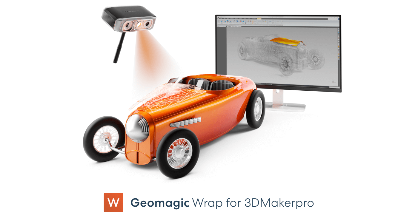 3D visual of a car and a scanner with logo for Geomagic Wrap for 3DMakerpro