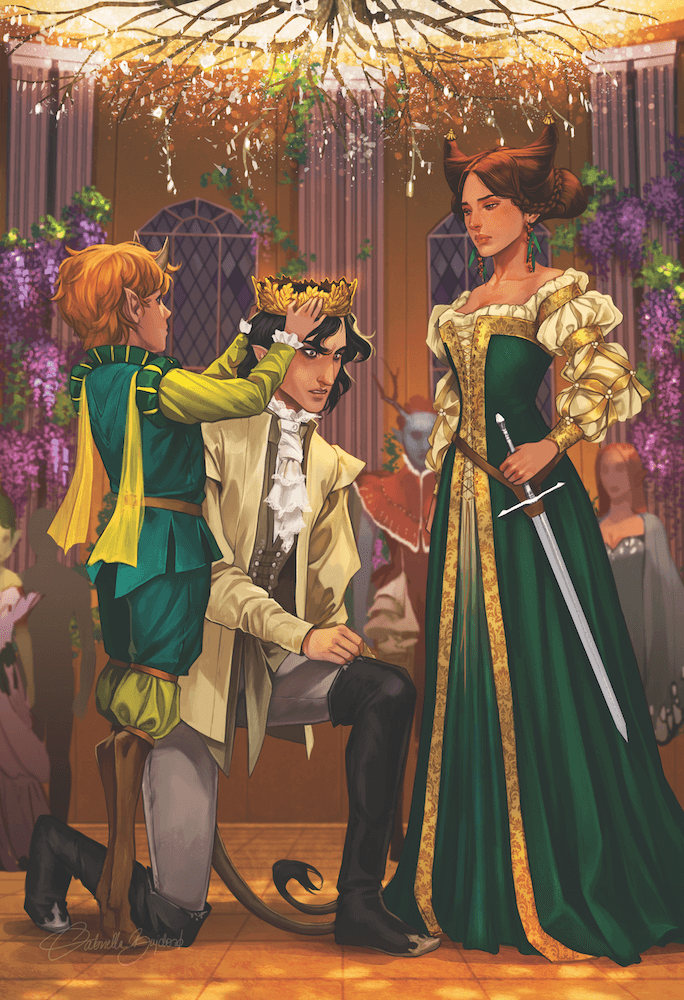 Tip-in art from The Cruel Prince FOTA box set sold by LitJoy: Oak crowning Cardan as Jude stands near