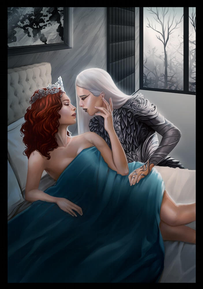 Evangeline and Elane share an intimate kiss in book 3 King's Cage of the Red Queen series