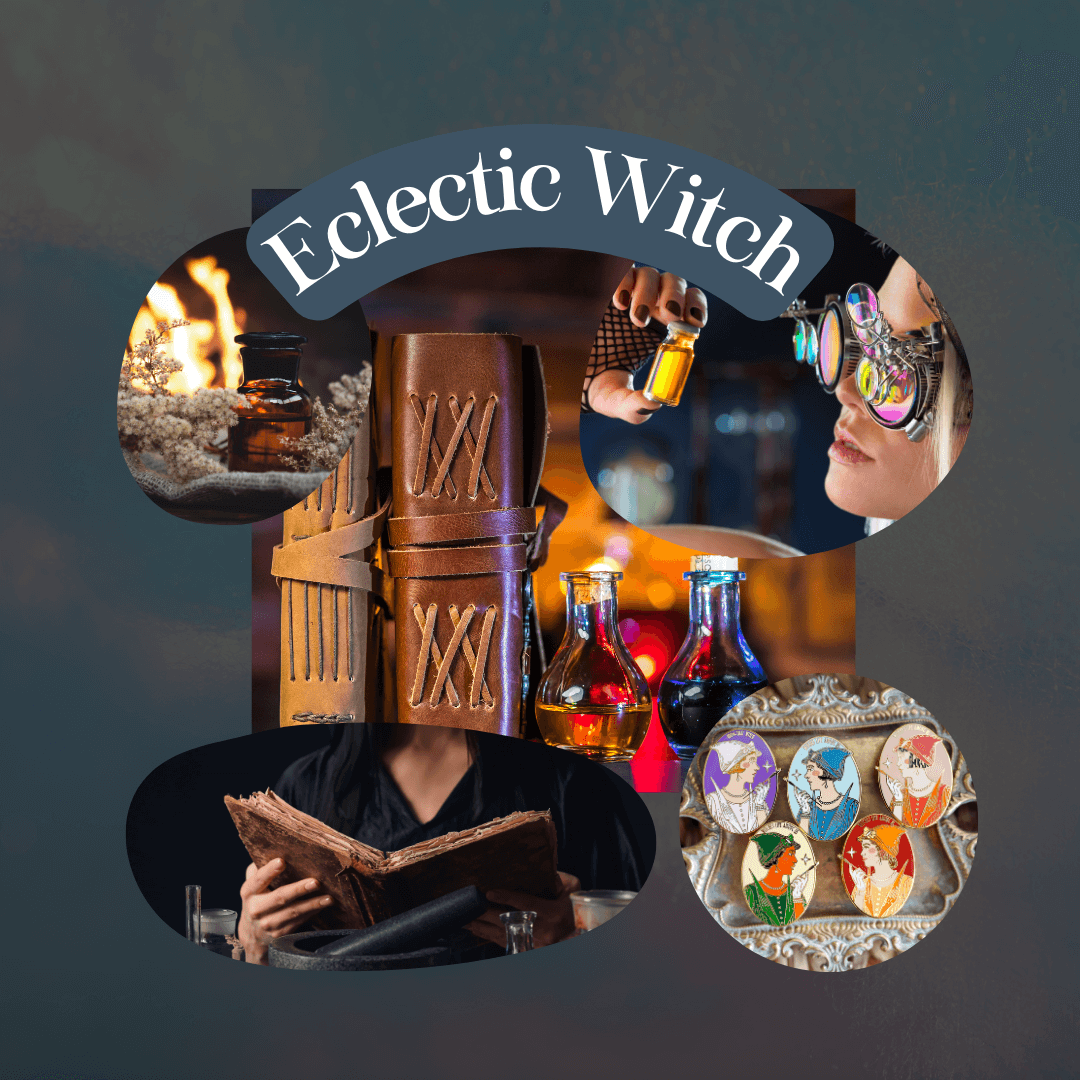 Eclectic Witch images: books, potion bottles, worldwide witch enamel pins sold by LitJoy Crate