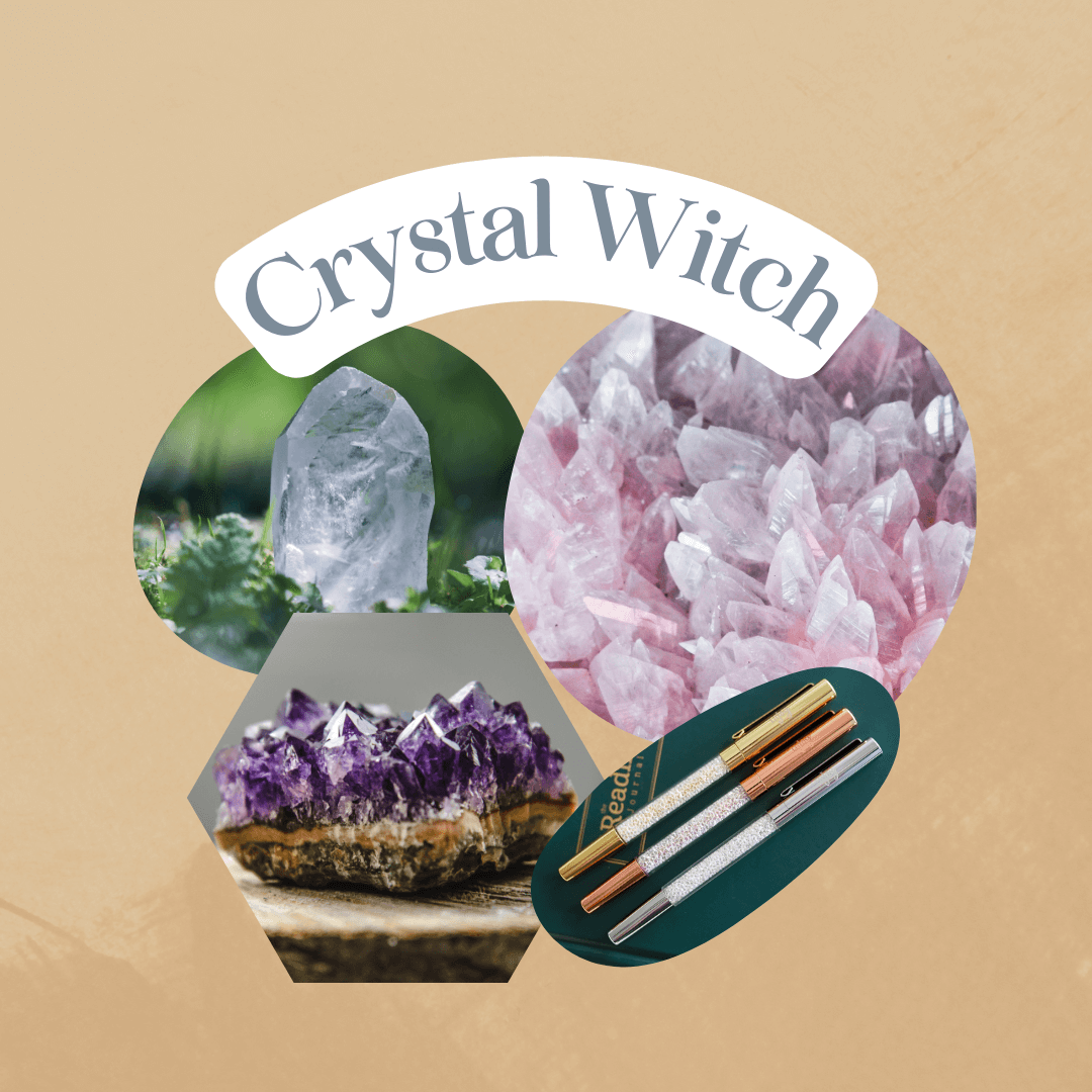 Crystal Witch images: quartz, amethyst, Crystal Pens sold by LitJoy