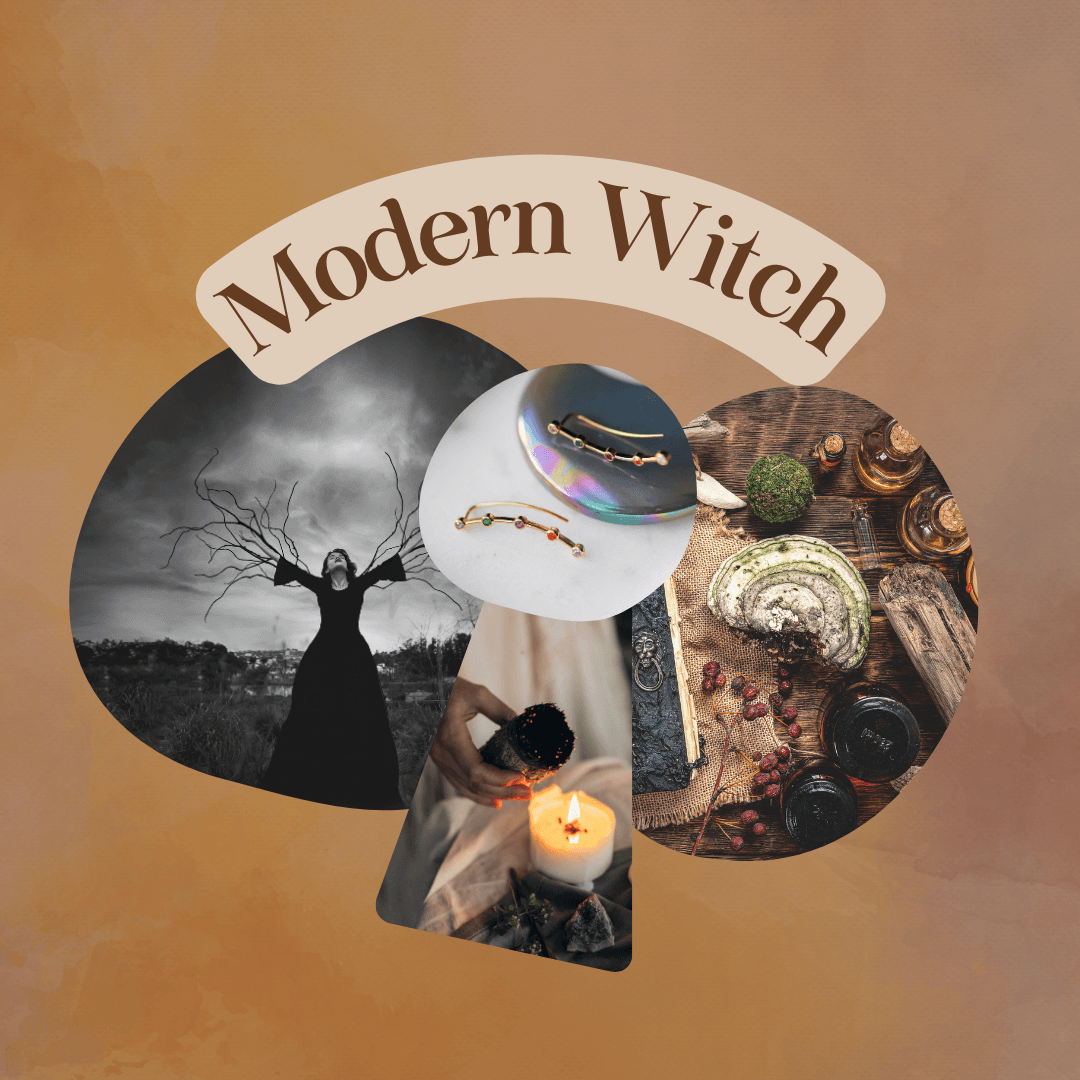 Modern Witch images: woman standing with tree limbs as arms/hands stretched out, burning sage, Red Queen Mare Barrow Crawler Earrings sold by LitJoy