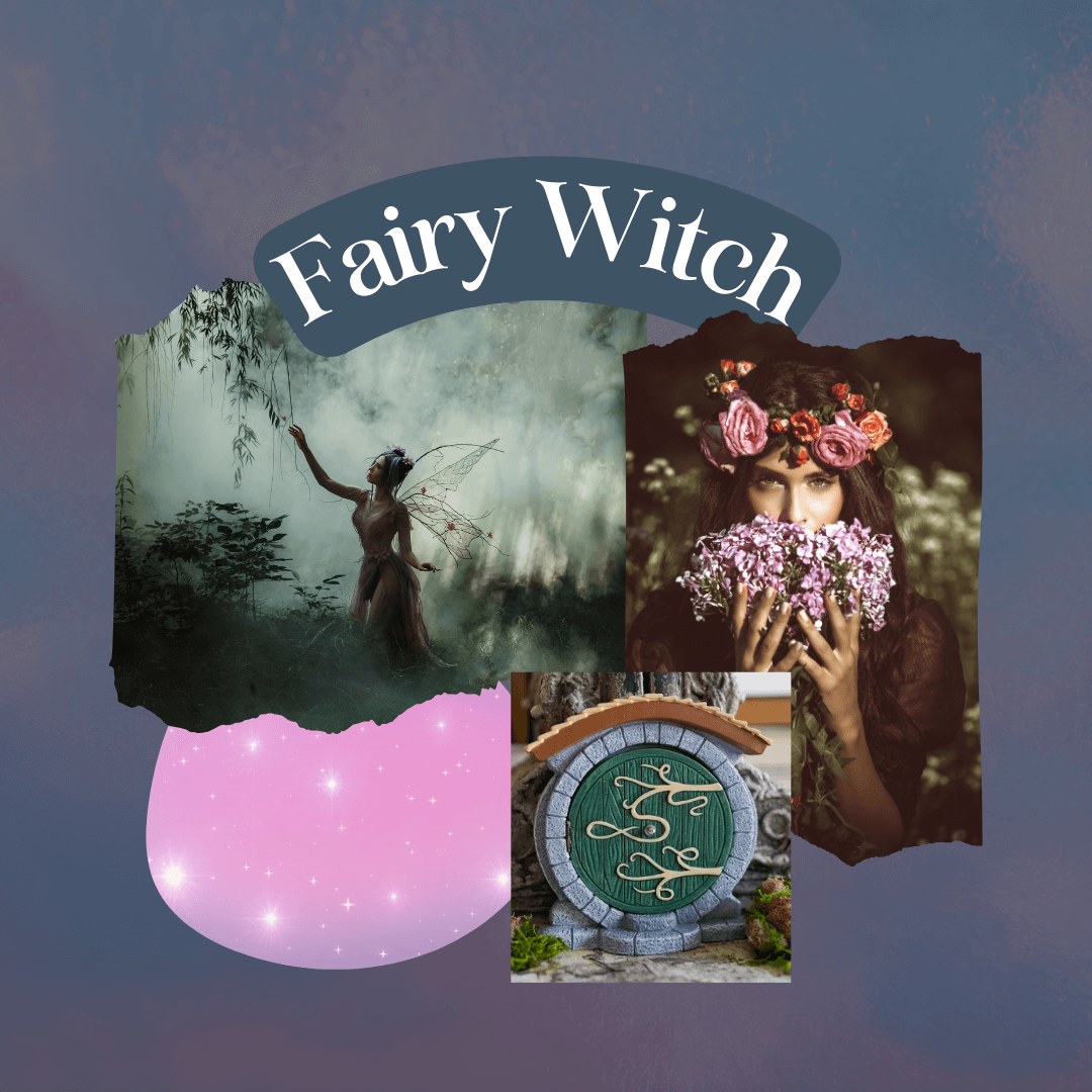 Fairy Witch aesthetic images: a fairy, a woman with a flower crown and flowers in her hands, the Halfling Fairy Door sold by LitJoy Crate