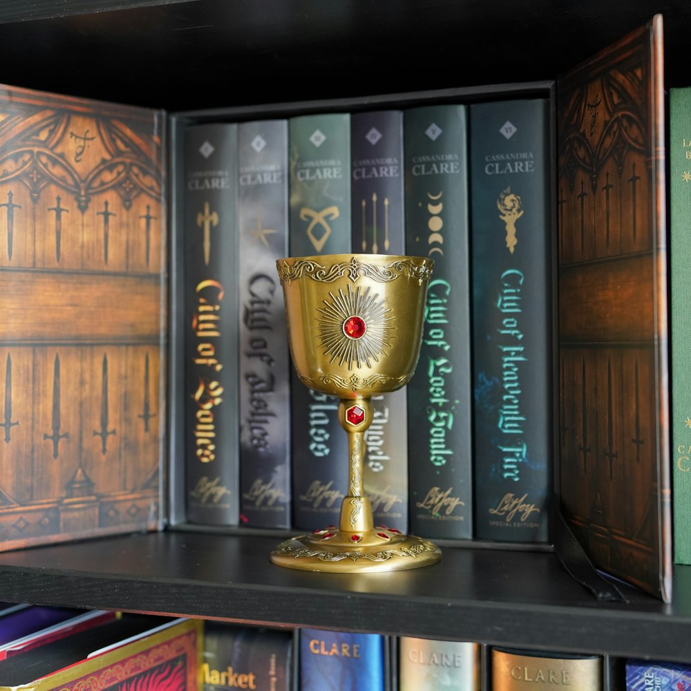 LitJoy The Mortal Instruments Mortal Cup Replica in front of books - in Sarah J Maas Podcast Ep