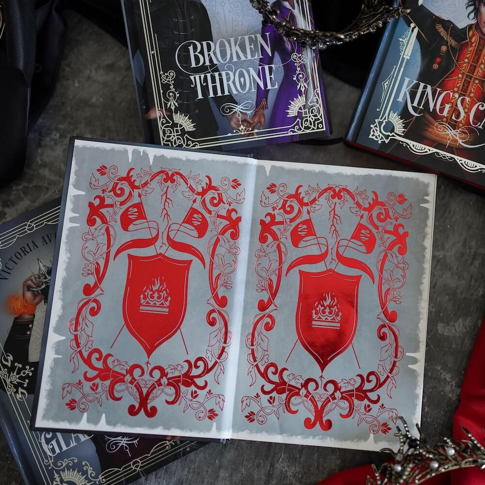 Foiled endpapers on Victoria Aveyard's Red Queen Special Edition Box Set sold by LitJoy Crate