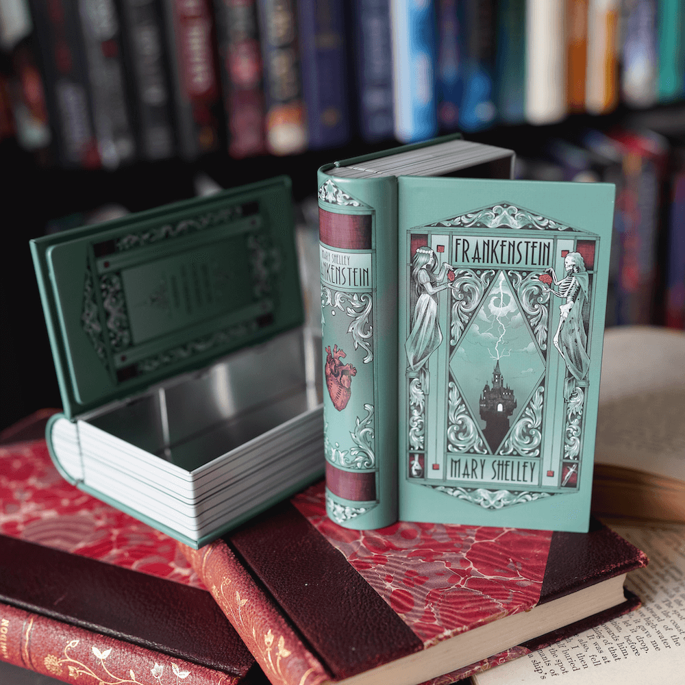 Frankenstein book tin sold by LitJoy Crate