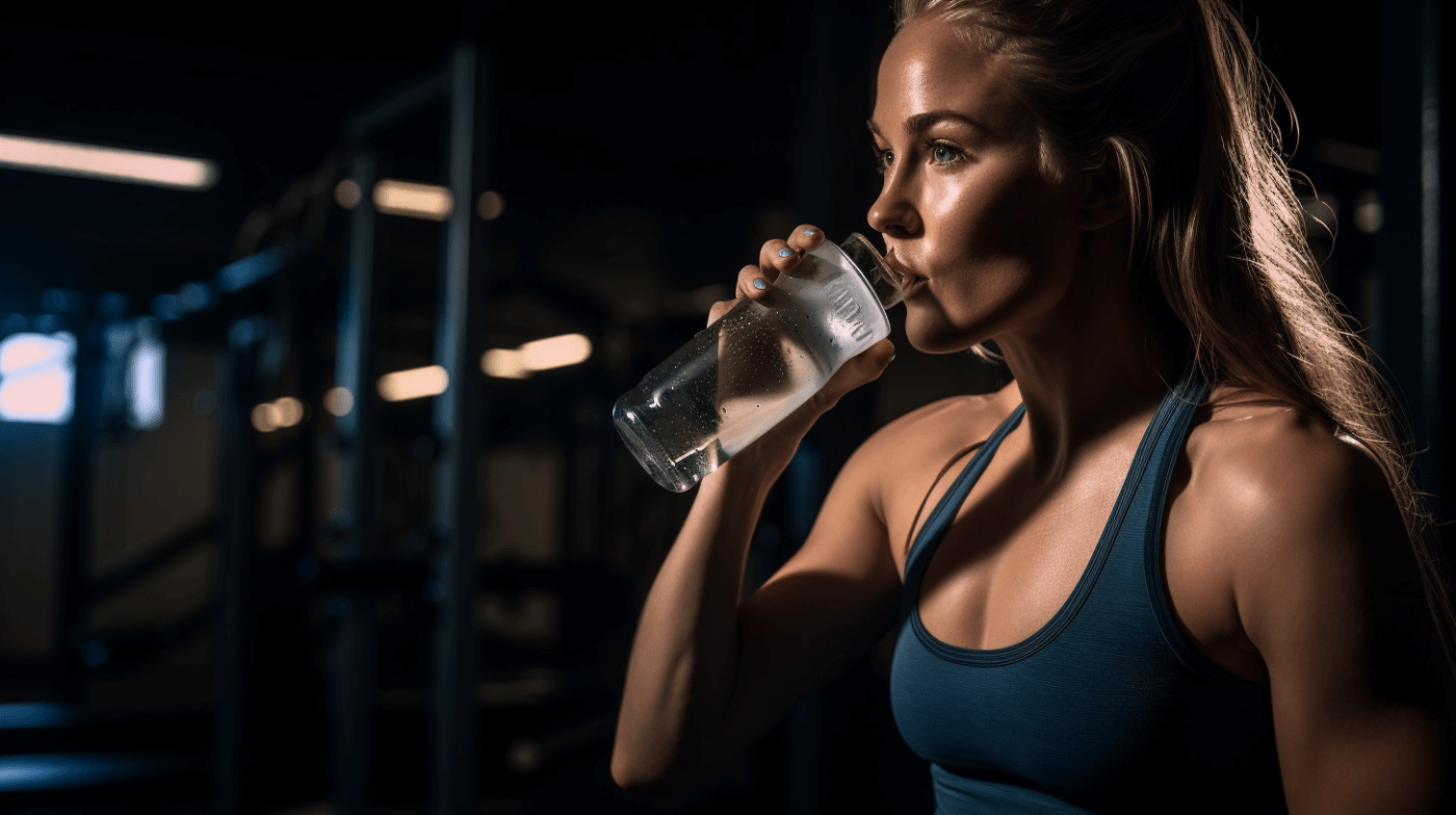 woman drinking water in gym