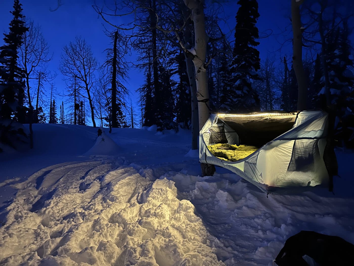 Haven Tent in the snow with a Ridgelight showing