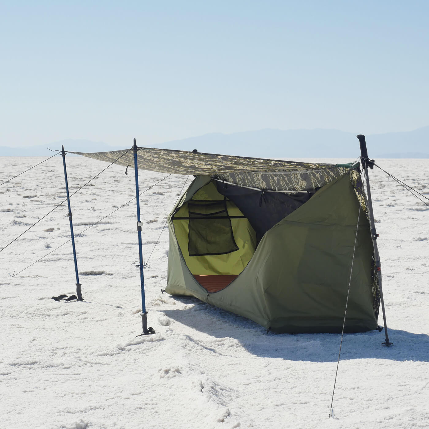 Haven Tent setup on the salt flats in bivy mode