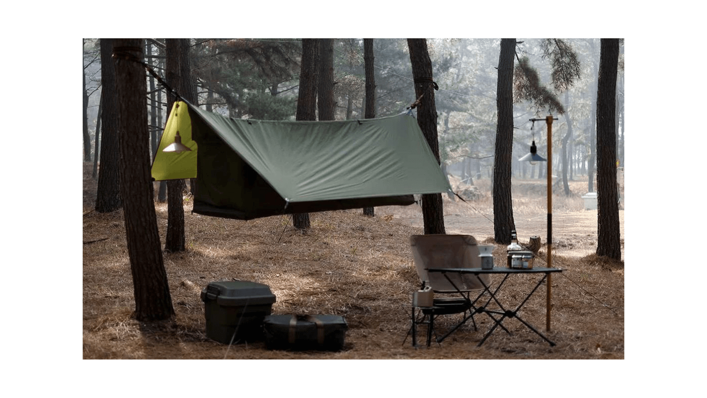 Haven tent setup in Korea with gear around