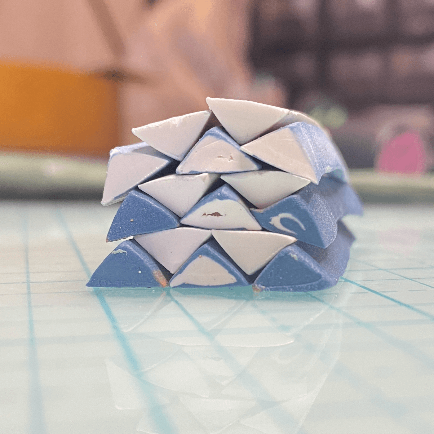 Blue and white triangle scraps, stacked