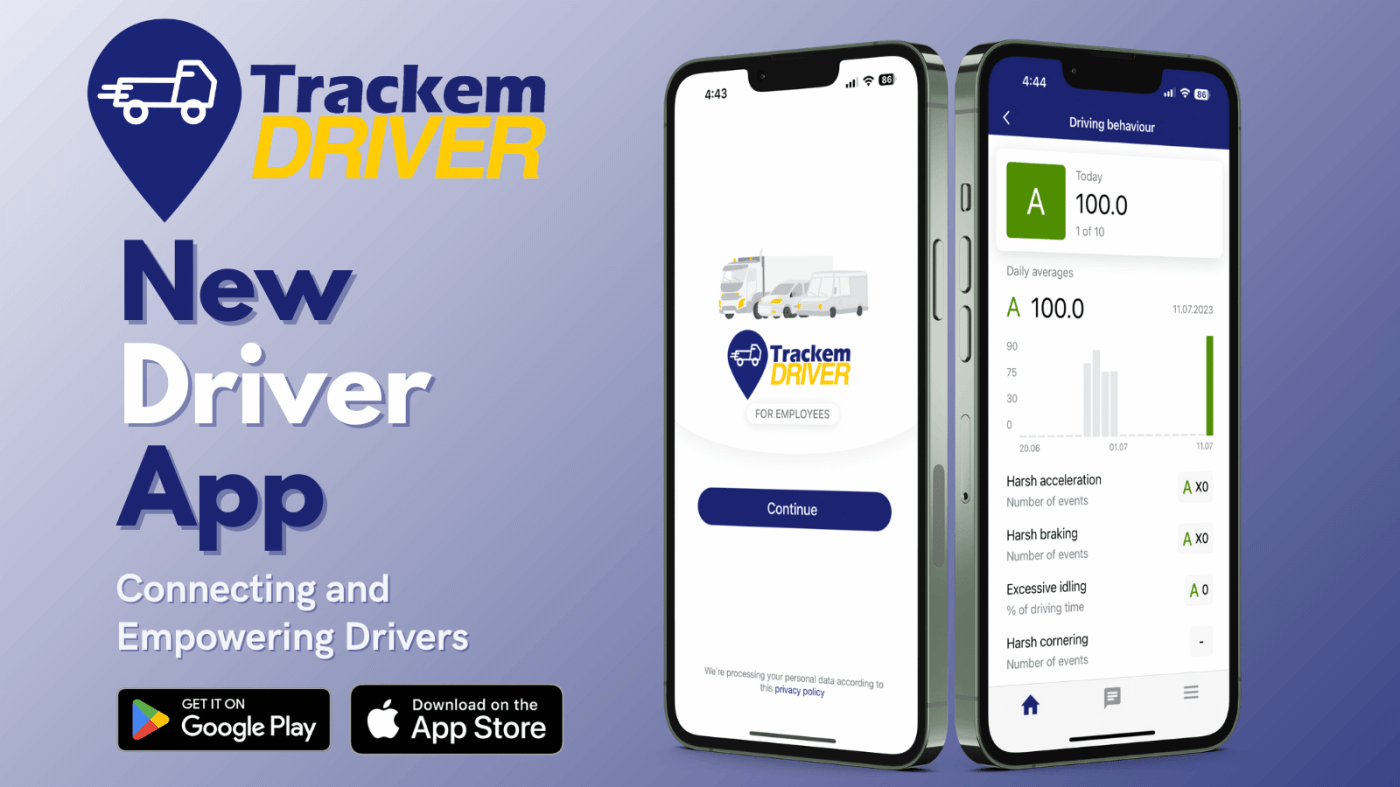 Trackem GPS Driver app promotional image with two smart phones featuring the new app.