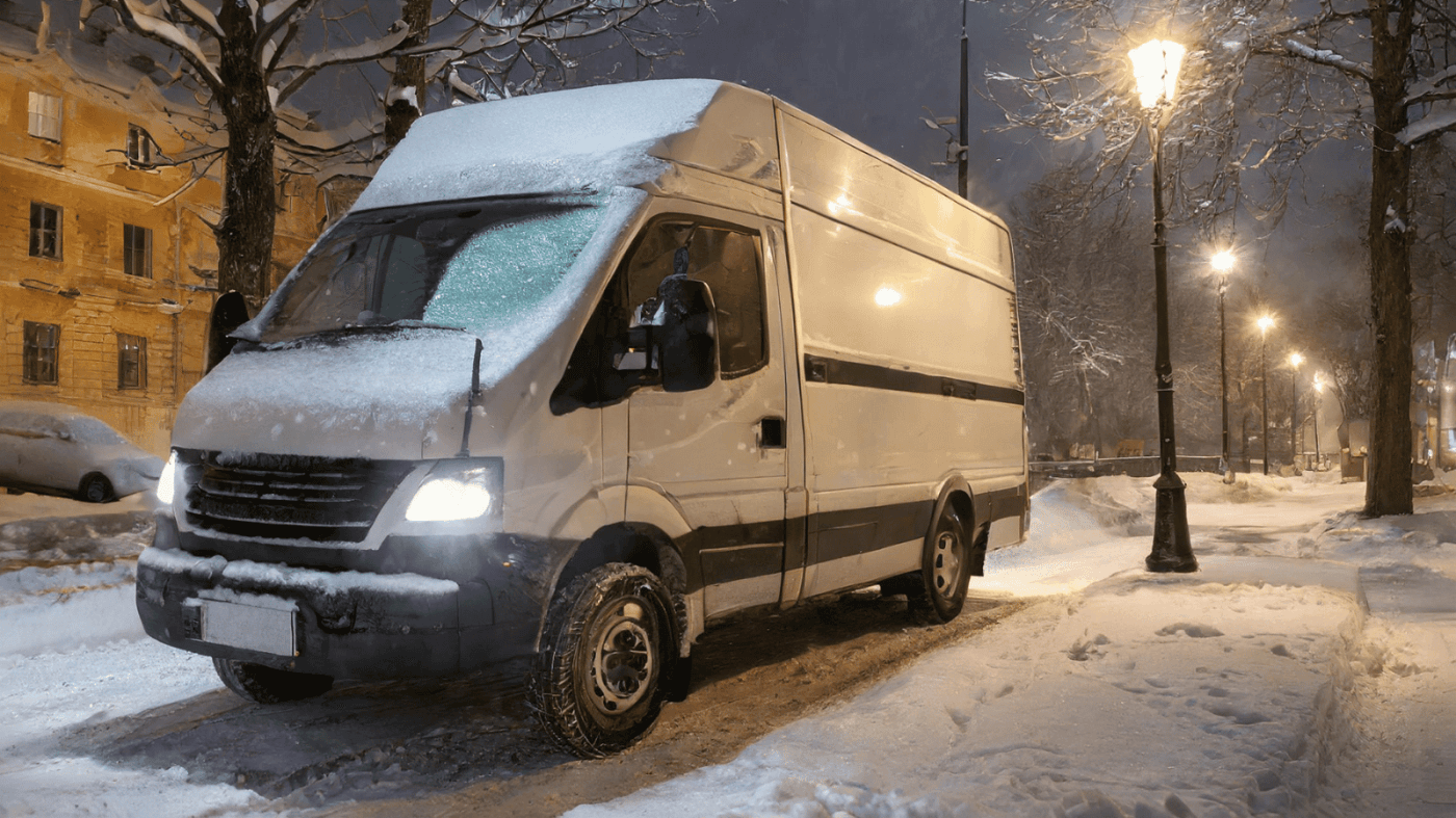 Work Van parked on snowy street at night opportunity for auto theft