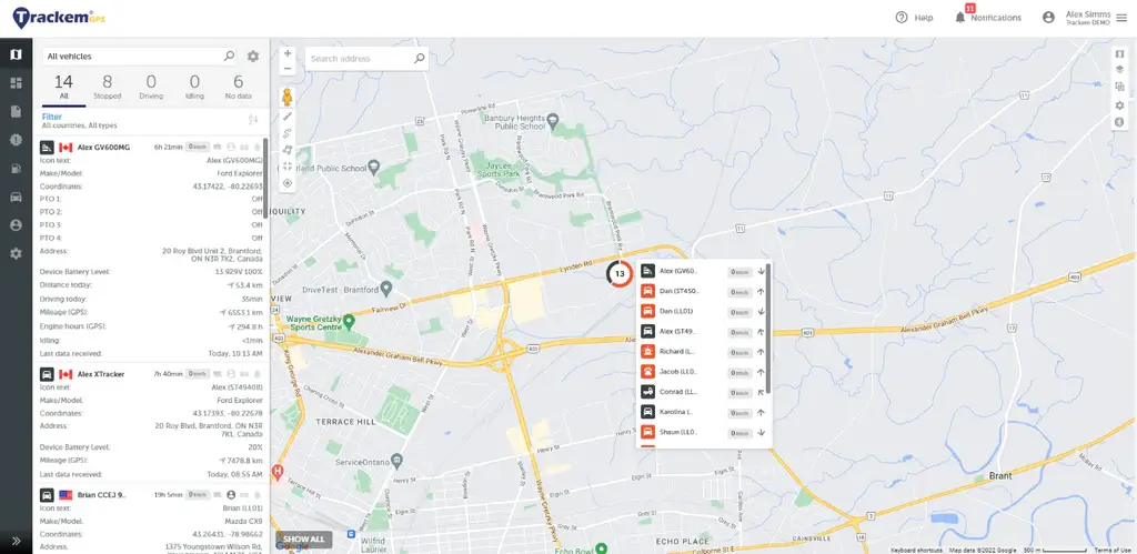 Fleet View screen provides a simple view and access to data about all vehicles in the fleet